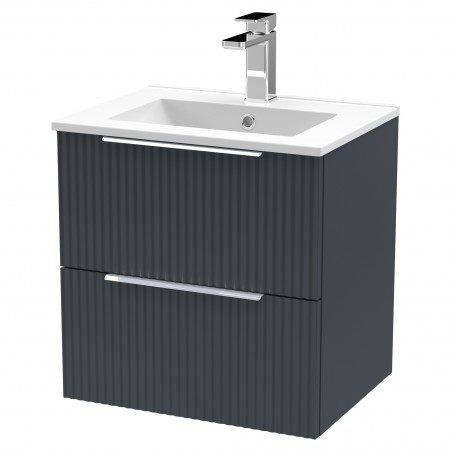 Fluted 500mm Wall Hung 2 Drawer Vanity & Minimalist Ceramic Basin - Soft Black