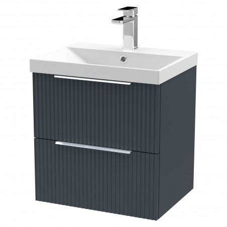 Fluted 500mm Wall Hung 2 Drawer Vanity & Thin-Edge Ceramic Basin - Soft Black