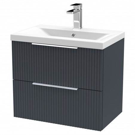 Fluted 600mm Wall Hung 2 Drawer Vanity & Mid-Edge Ceramic Basin - Soft Black