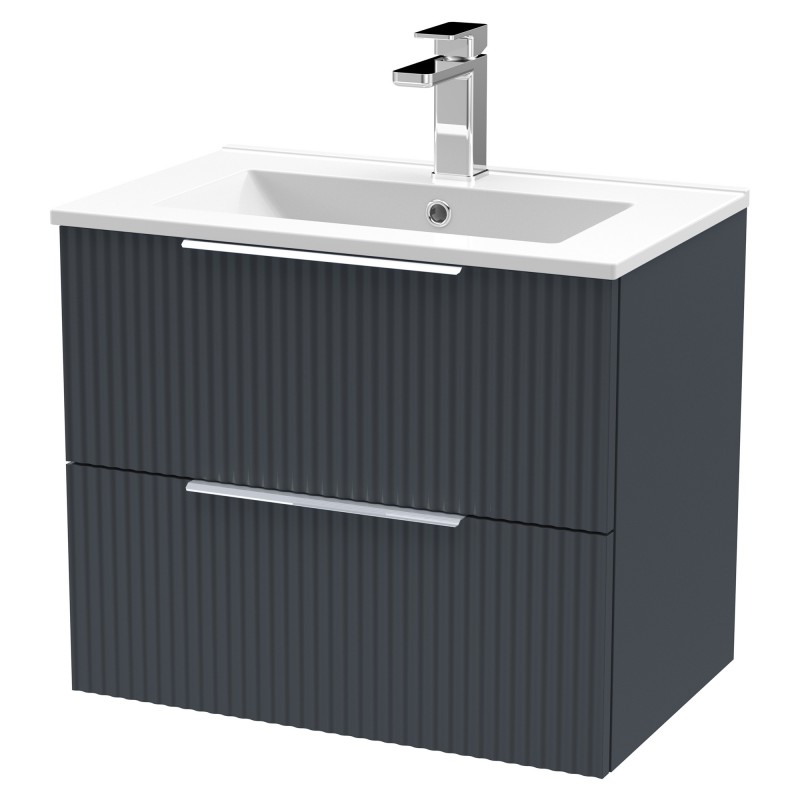 Fluted 600mm Wall Hung 2 Drawer Vanity & Minimalist Ceramic Basin - Soft Black Fluted 600mm Wall Hung 2 Drawer Vanity & Minimalist Ceramic Basin - Soft Black