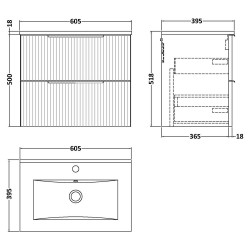 Fluted 600mm Wall Hung 2 Drawer Vanity & Minimalist Ceramic Basin - Soft Black - Technical Drawing