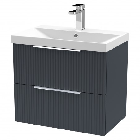 Fluted 600mm Wall Hung 2 Drawer Vanity & Thin-Edge Ceramic Basin - Soft Black