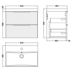 Fluted 600mm Wall Hung 2 Drawer Vanity & Thin-Edge Ceramic Basin - Soft Black - Technical Drawing