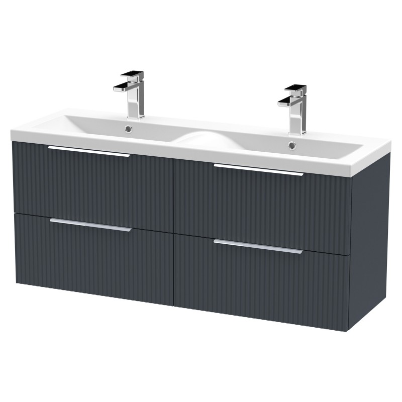 Fluted 1200mm Wall Hung 4 Drawer Vanity & Double Ceramic Basin - Soft Black Fluted 1200mm Wall Hung 4 Drawer Vanity & Double Ceramic Basin - Soft Black