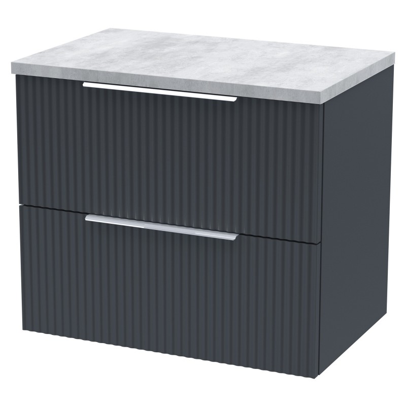 Fluted 600mm Wall Hung 2 Drawer Vanity & Bellato Grey Laminate Worktop - Soft Black Fluted 600mm Wall Hung 2 Drawer Vanity & Bellato Grey Laminate Worktop - Soft Black