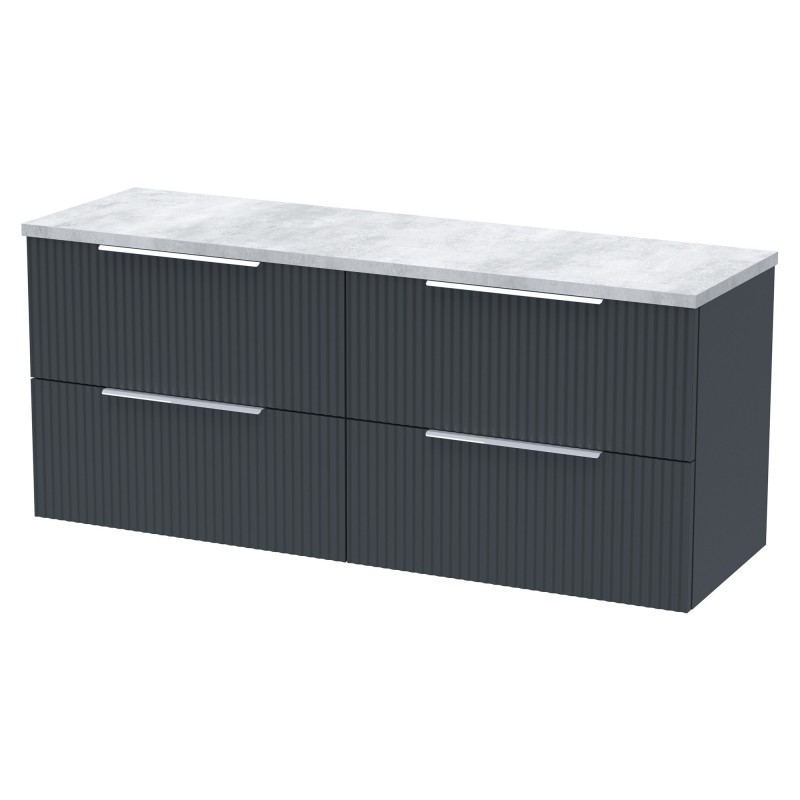 Fluted 1200mm Wall Hung 4 Drawer Vanity With Bellato Grey Laminate Worktop - Soft Black Fluted 1200mm Wall Hung 4 Drawer Vanity With Bellato Grey Laminate Worktop - Soft Black