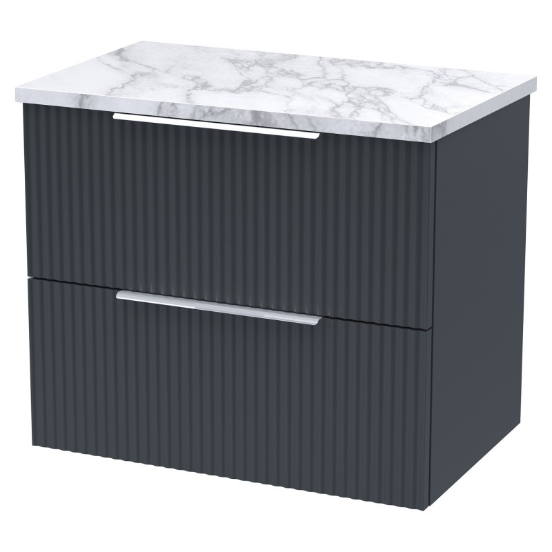 Fluted 600mm Wall Hung 2 Drawer Vanity With Carrera Marble Laminate Worktop - Soft Black Fluted 600mm Wall Hung 2 Drawer Vanity With Carrera Marble Laminate Worktop - Soft Black