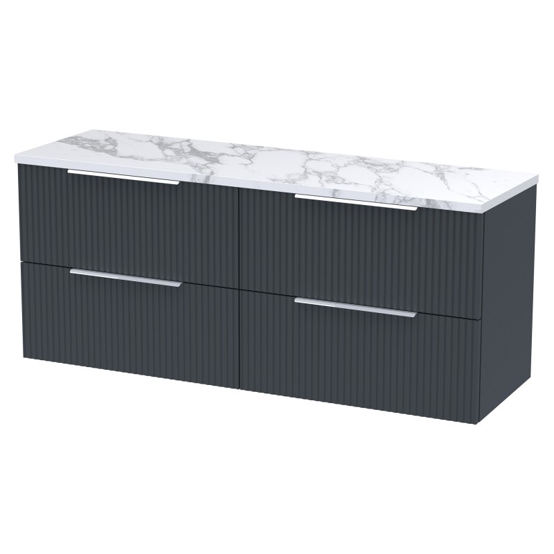 Fluted 1200mm Wall Hung 4 Drawer Vanity With Carrera Marble Laminate Worktop - Soft Black Fluted 1200mm Wall Hung 4 Drawer Vanity With Carrera Marble Laminate Worktop - Soft Black