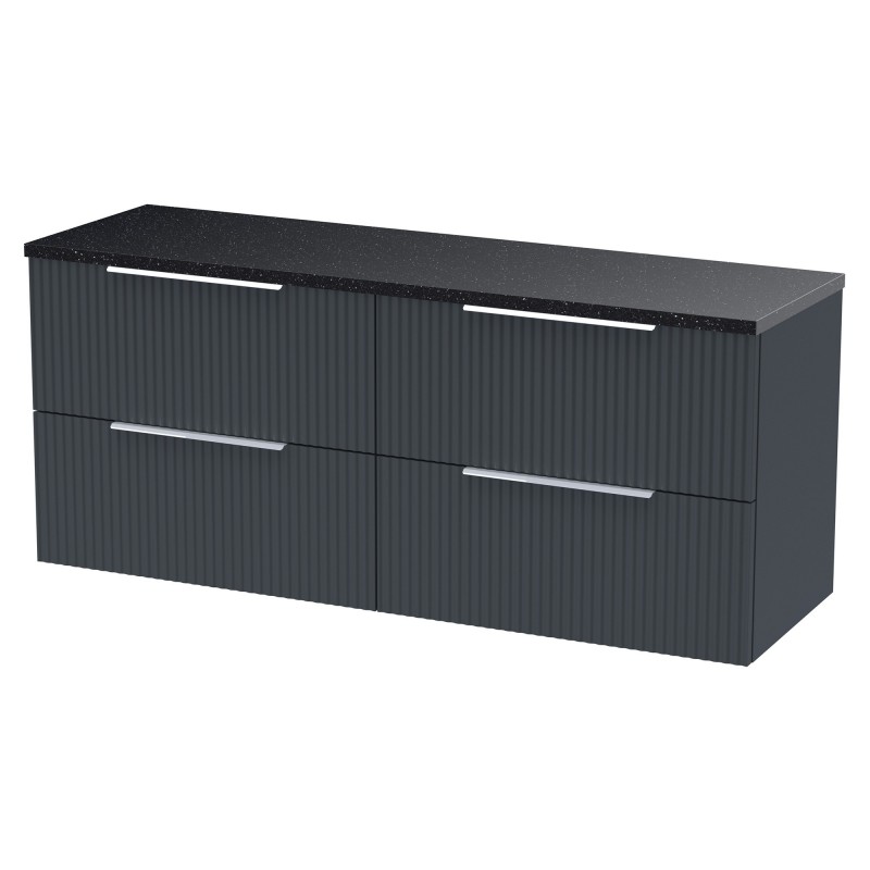 Fluted 1200mm Wall Hung 4 Drawer Vanity With Black Sparkle Laminate Worktop - Soft Black Fluted 1200mm Wall Hung 4 Drawer Vanity With Black Sparkle Laminate Worktop - Soft Black