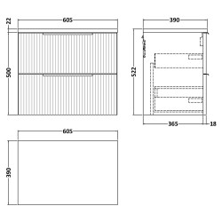 Fluted 600mm Wall Hung 2 Drawer Vanity & White Sparkle Laminate Worktop - - Technical Drawing