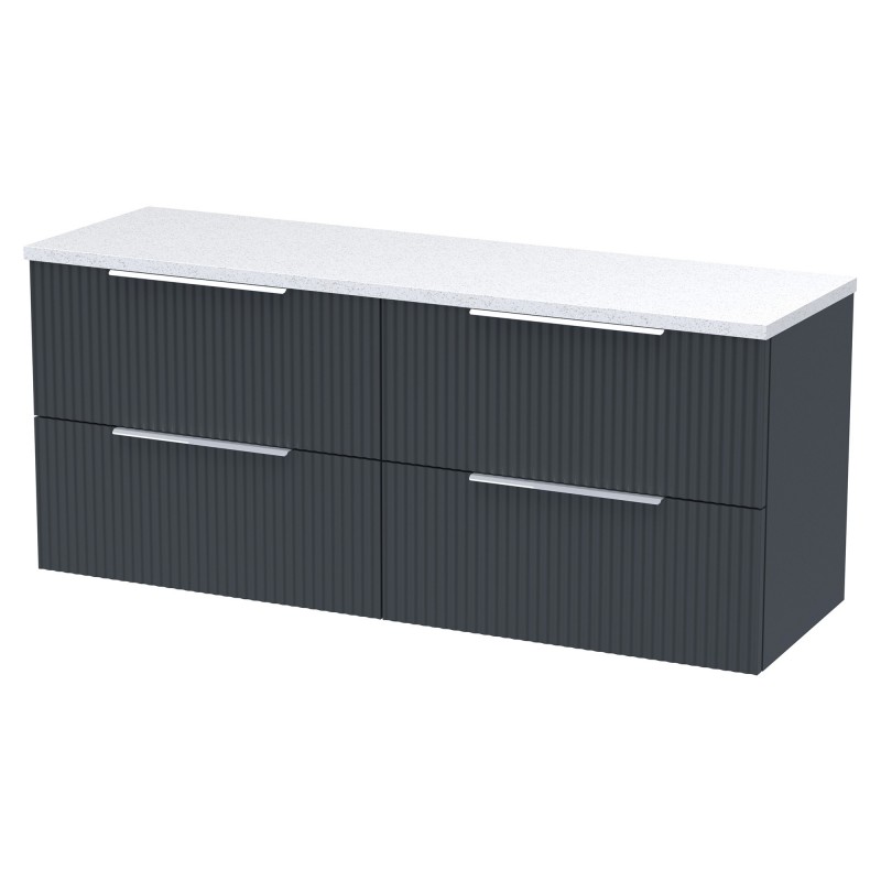 Fluted 1200mm Wall Hung 4 Drawer Vanity With White Sparkle Laminate Worktop - Soft Black Fluted 1200mm Wall Hung 4 Drawer Vanity With White Sparkle Laminate Worktop - Soft Black