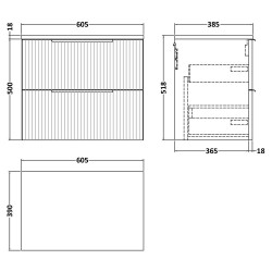Fluted 600mm Wall Hung 2 Drawer Vanity & Worktop - Soft Black - Technical Drawing
