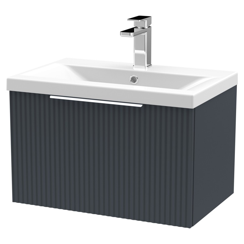 Fluted 600mm Wall Hung Single Drawer Vanity & Mid-Edge Ceramic Basin - Soft Black Fluted 600mm Wall Hung Single Drawer Vanity & Mid-Edge Ceramic Basin - Soft Black