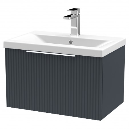 Fluted 600mm Wall Hung Single Drawer Vanity & Mid-Edge Ceramic Basin - Soft Black