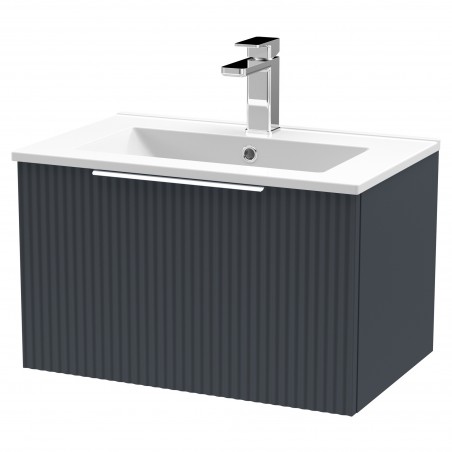 Fluted 600mm Wall Hung Single Drawer Vanity & Minimalist Ceramic Basin - Soft Black