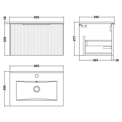 Fluted 600mm Wall Hung Single Drawer Vanity & Minimalist Ceramic Basin - Soft Black - Technical Drawing