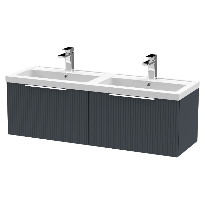 Fluted 1200mm Wall Hung 2 Drawer Vanity & Double Polymarble Basin - Soft Black Fluted 1200mm Wall Hung 2 Drawer Vanity & Double Polymarble Basin - Soft Black