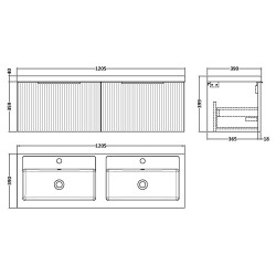 Fluted 1200mm Wall Hung 2 Drawer Vanity & Double Polymarble Basin - Soft Black - Technical Drawing