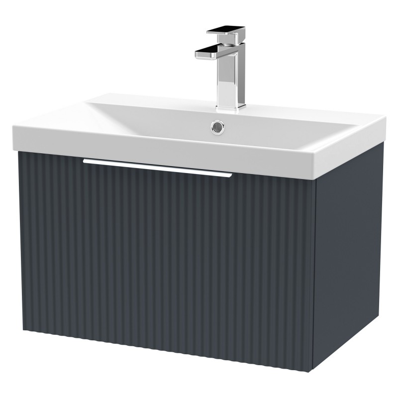 Fluted 600mm Wall Hung Single Drawer Vanity & Thin-Edge Ceramic Basin - Soft Black