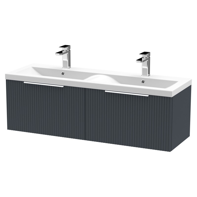 Fluted 1200mm Wall Hung 2 Drawer Vanity & Double Ceramic Basin - Soft Black Fluted 1200mm Wall Hung 2 Drawer Vanity & Double Ceramic Basin - Soft Black