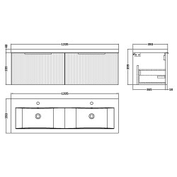 Fluted 1200mm Wall Hung 2 Drawer Vanity & Double Ceramic Basin - Soft Black - Technical Drawing