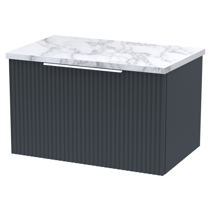 Fluted 600mm Wall Hung 1 Drawer Vanity With Carrera Marble Laminate Worktop - Soft Black Fluted 600mm Wall Hung 1 Drawer Vanity With Carrera Marble Laminate Worktop - Soft Black