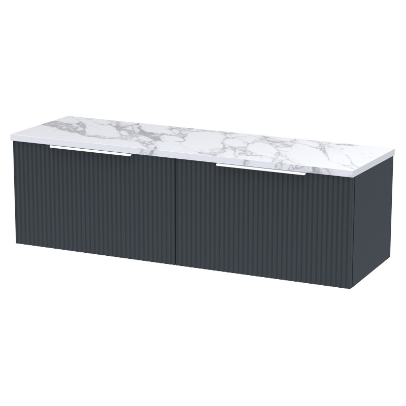 Fluted 1200mm Wall Hung 2 Drawer Vanity With Carrera Marble Laminate Worktop - Soft Black Fluted 1200mm Wall Hung 2 Drawer Vanity With Carrera Marble Laminate Worktop - Soft Black