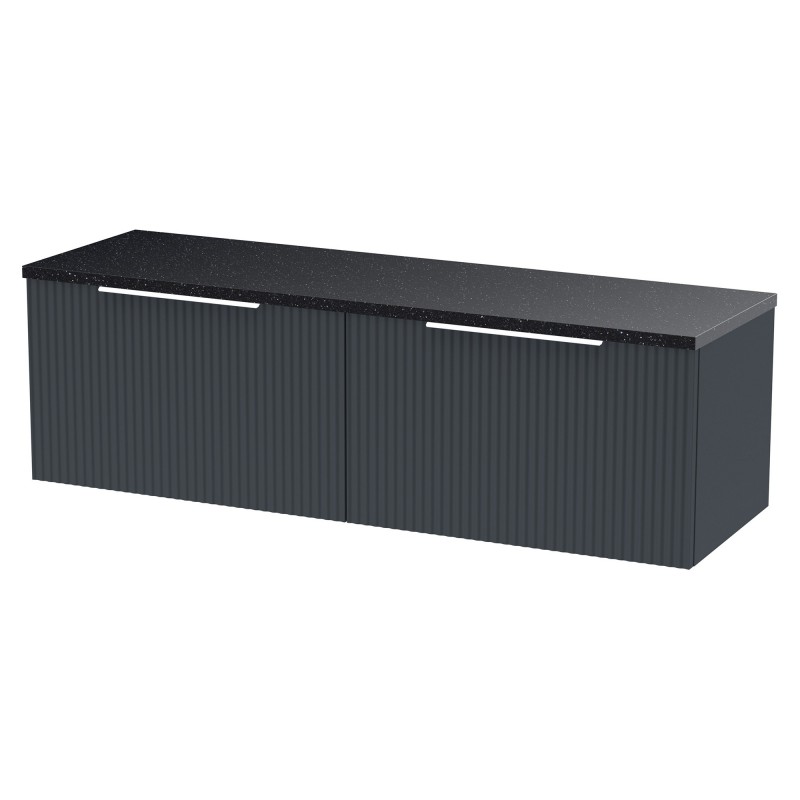 Fluted 1200mm Wall Hung 2 Drawer Vanity With Black Sparkle Laminate Worktop - Soft Black Fluted 1200mm Wall Hung 2 Drawer Vanity With Black Sparkle Laminate Worktop - Soft Black