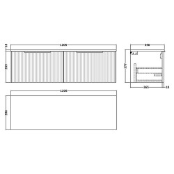 Fluted 1200mm Wall Hung 2 Drawer Vanity & Worktop - Soft Black - Technical Drawing