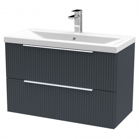 Fluted 800mm Wall Hung 2 Drawer Vanity & Mid-Edge Ceramic Basin - Soft Black