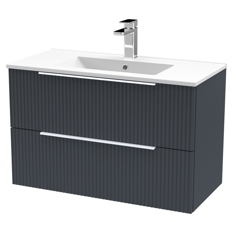 Fluted 800mm Wall Hung 2 Drawer Vanity & Minimalist Ceramic Basin - Soft Black Fluted 800mm Wall Hung 2 Drawer Vanity & Minimalist Ceramic Basin - Soft Black
