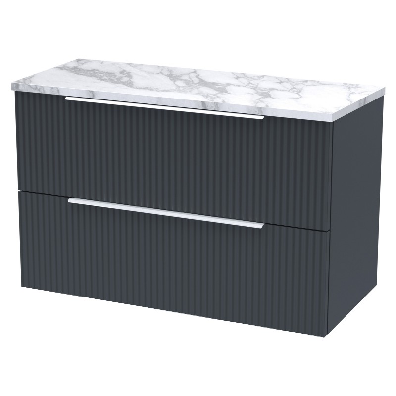 Fluted 800mm Wall Hung 2 Drawer Vanity With Carrera Marble Laminate Worktop - Soft Black Fluted 800mm Wall Hung 2 Drawer Vanity With Carrera Marble Laminate Worktop - Soft Black