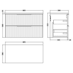 Fluted 800mm Wall Hung 2 Drawer Vanity & White Sparkle Laminate Worktop - Soft Black - Technical Drawing