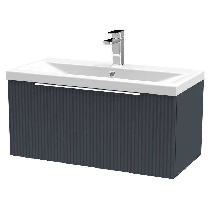 Fluted 800mm Wall Hung Single Drawer Vanity & Mid-Edge Ceramic Basin - Soft Black Fluted 800mm Wall Hung Single Drawer Vanity & Mid-Edge Ceramic Basin - Soft Black