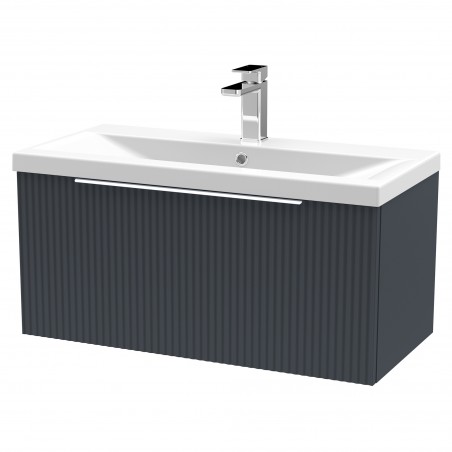 Fluted 800mm Wall Hung Single Drawer Vanity & Mid-Edge Ceramic Basin - Soft Black