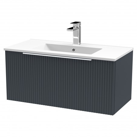 Fluted 800mm Wall Hung Single Drawer Vanity & Minimalist Ceramic Basin - Soft Black