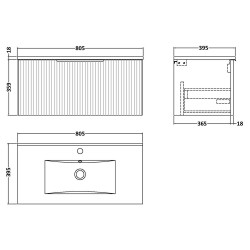Fluted 800mm Wall Hung Single Drawer Vanity & Minimalist Ceramic Basin - Soft Black - Technical Drawing