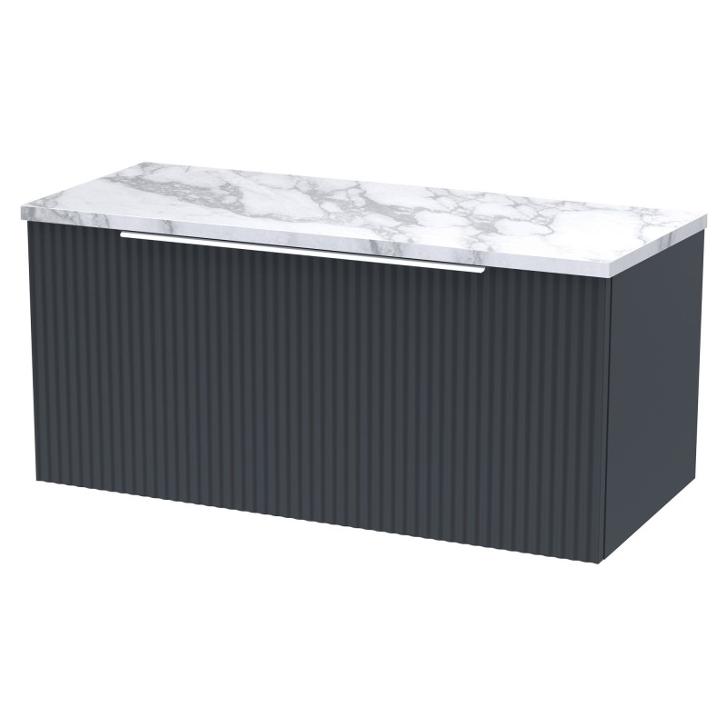 Fluted 800mm Wall Hung 1 Drawer Vanity With Carrera Marble Laminate Worktop - Soft Black Fluted 800mm Wall Hung 1 Drawer Vanity With Carrera Marble Laminate Worktop - Soft Black