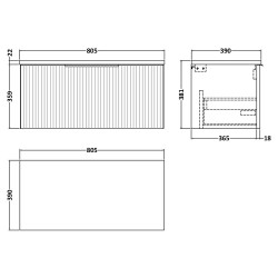 Fluted 800mm Wall Hung 1 Drawer Vanity With Carrera Marble Laminate Worktop - Soft Black - Technical Drawing