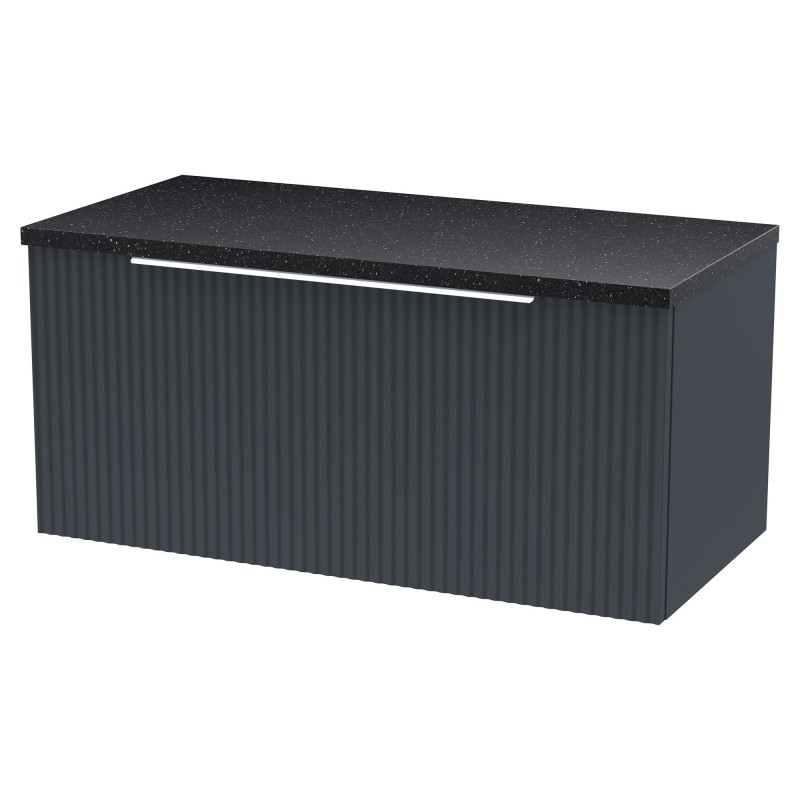 Fluted 800mm Wall Hung Single Drawer Vanity & Black Sparkle Laminate Worktop - Soft Black Fluted 800mm Wall Hung Single Drawer Vanity & Black Sparkle Laminate Worktop - Soft Black