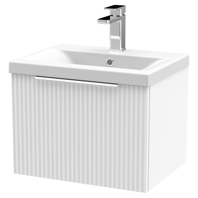 Fluted 500mm Wall Hung Single Drawer Vanity & Mid-Edge Ceramic Basin - Satin White Fluted 500mm Wall Hung Single Drawer Vanity & Mid-Edge Ceramic Basin - Satin White