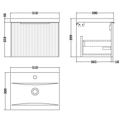 Fluted 500mm Wall Hung Single Drawer Vanity & Mid-Edge Ceramic Basin - Satin White - Technical Drawing