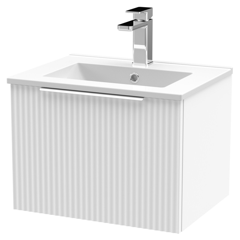 Fluted 500mm Wall Hung Single Drawer Vanity & Minimalist Ceramic Basin - Satin White Fluted 500mm Wall Hung Single Drawer Vanity & Minimalist Ceramic Basin - Satin White
