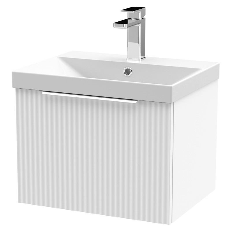 Fluted 500mm Wall Hung Single Drawer Vanity & Thin-Edge Ceramic Basin - Satin White Fluted 500mm Wall Hung Single Drawer Vanity & Thin-Edge Ceramic Basin - Satin White