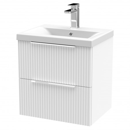 Fluted 500mm Wall Hung 2 Drawer Vanity & Mid-Edge Ceramic Basin - Satin White