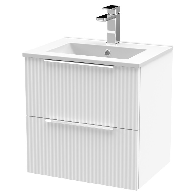 Fluted 500mm Wall Hung 2 Drawer Vanity & Minimalist Ceramic Basin - Satin White Fluted 500mm Wall Hung 2 Drawer Vanity & Minimalist Ceramic Basin - Satin White