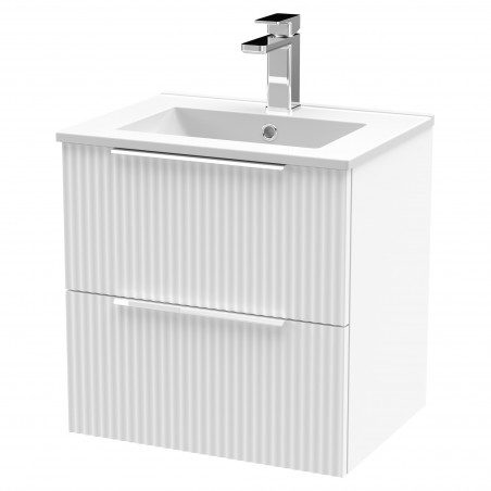 Fluted 500mm Wall Hung 2 Drawer Vanity & Minimalist Ceramic Basin - Satin White