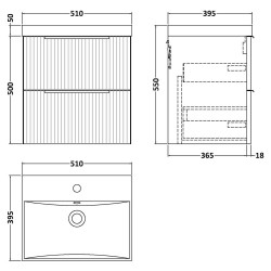 Fluted 500mm Wall Hung 2 Drawer Vanity & Thin-Edge Ceramic Basin - Satin White - Technical Drawing
