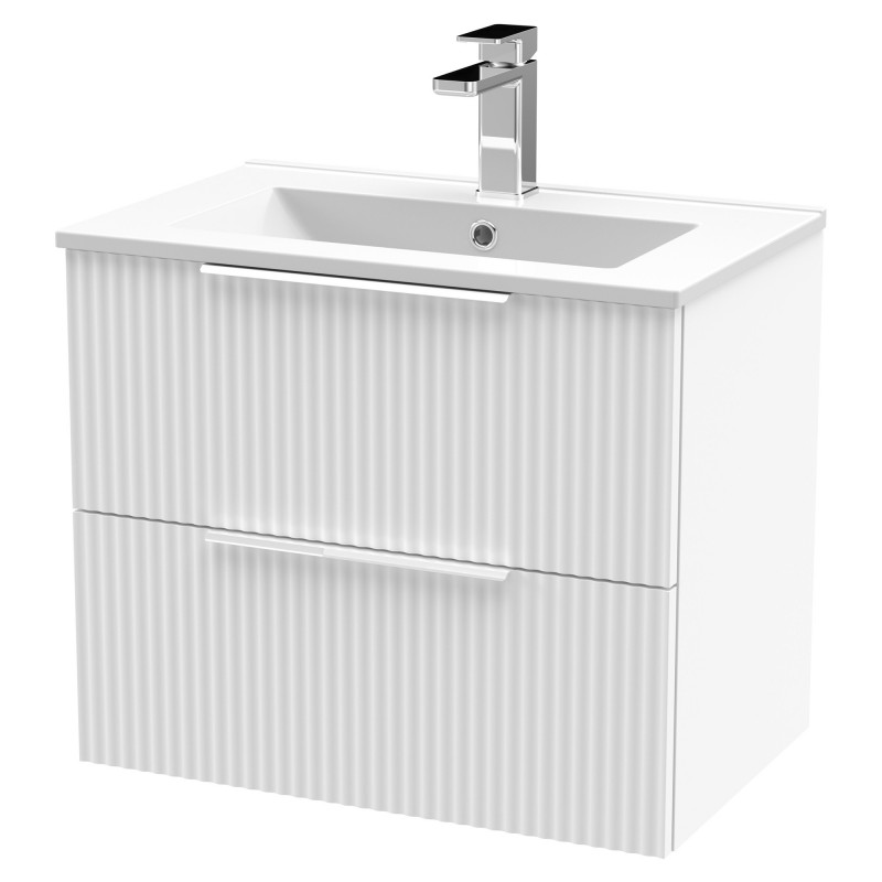 Fluted 600mm Wall Hung 2 Drawer Vanity & Minimalist Ceramic Basin - Satin White Fluted 600mm Wall Hung 2 Drawer Vanity & Minimalist Ceramic Basin - Satin White