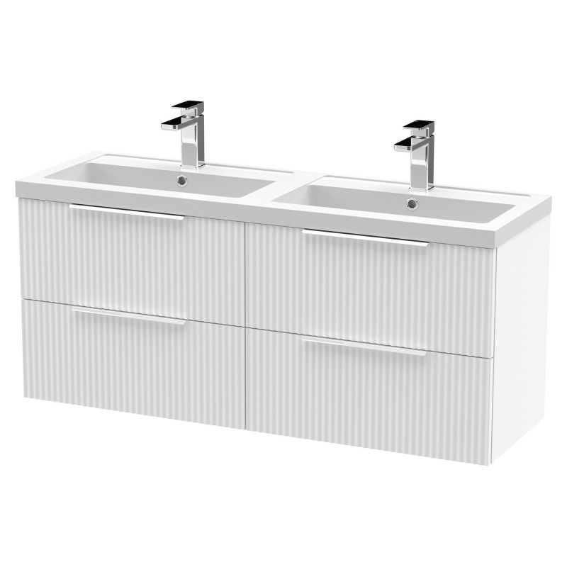 Fluted 1200mm Wall Hung 4 Drawer Vanity & Double Polymarble Basin - Satin White Fluted 1200mm Wall Hung 4 Drawer Vanity & Double Polymarble Basin - Satin White